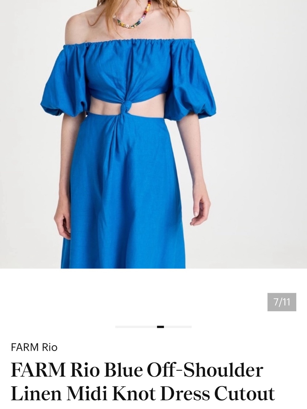 FARM Rio Blue Off-Shoulder Linen Midi Knot Dress Cut Out Size L
